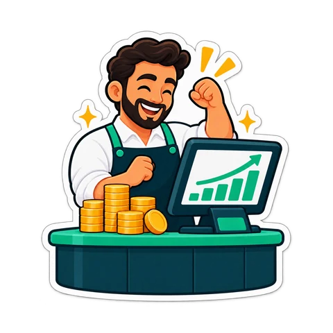 A till with a rising profit chart